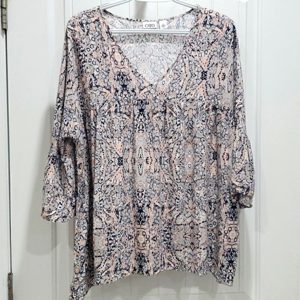 Cato Floral Cutout Blouse Top Womens Pink White Belle Sleeve High Low Hem, XL